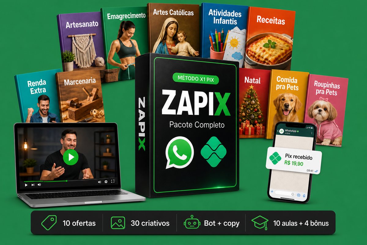 Pacote completo ZAPIX: 10 ofertas, criativos, bot, copy, aulas e 4 bônus